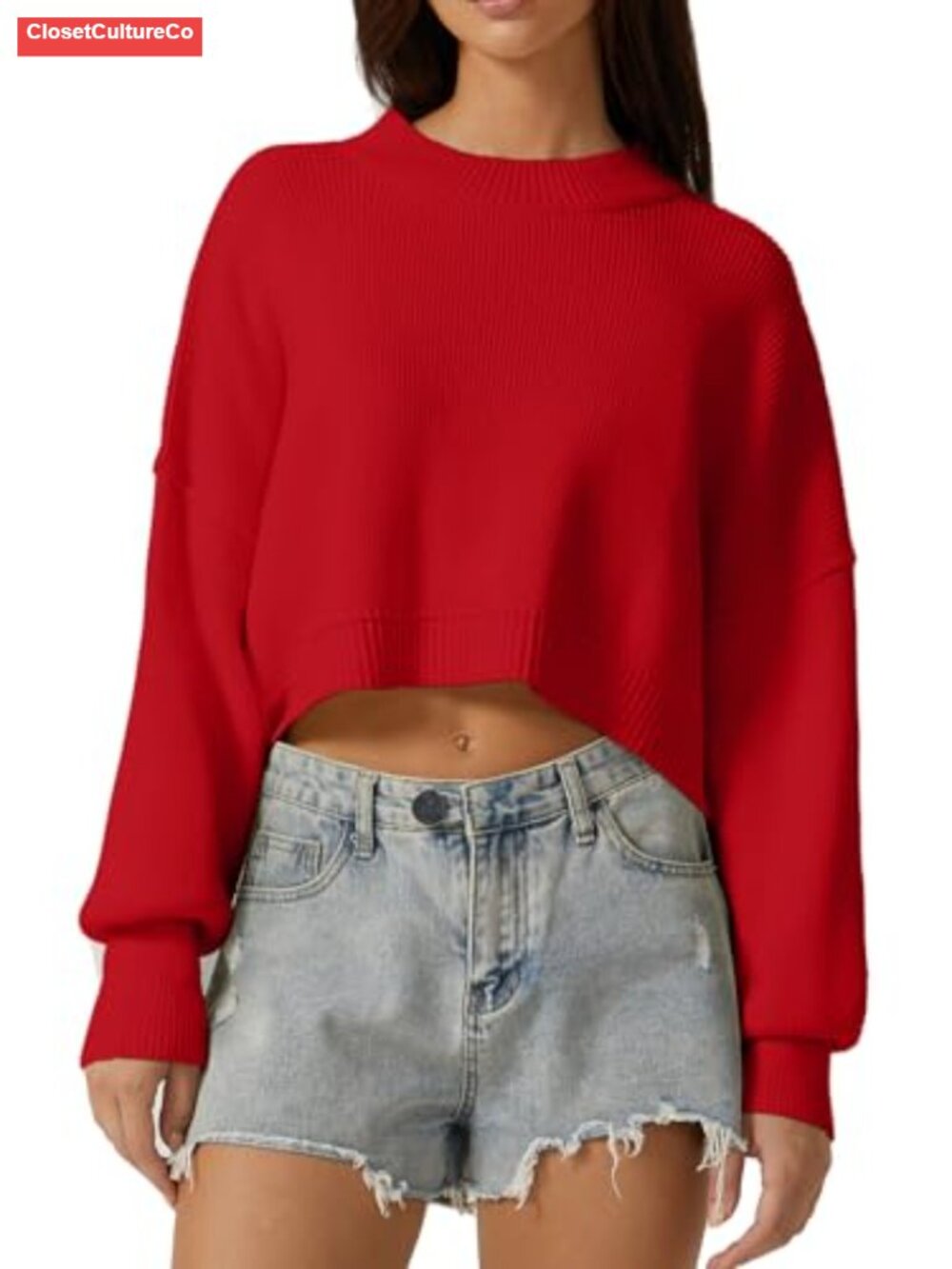 Mock Neck Cropped Ribbed Knit Pullover Sweater Drop Shoulder Oversized